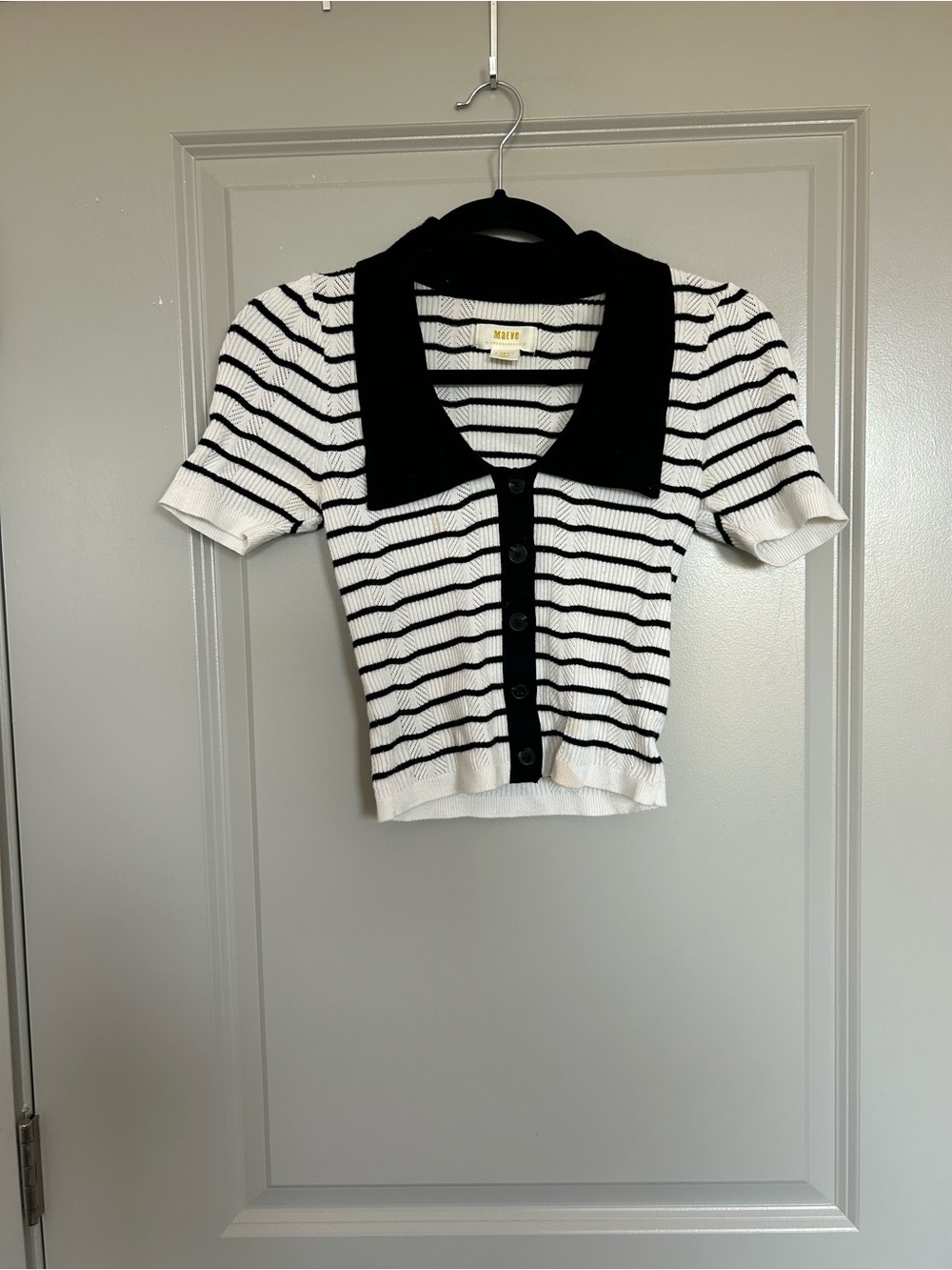 Anthropologie Maeve Black and White Striped Button-Up Polo Top